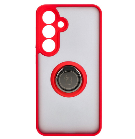 Etui z uchwytem na palec Bizon Case Hybrid Ring do Galaxy S25 / S24, przydymione z czerwoną ramką