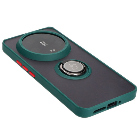 Etui z uchwytem na palec Bizon Case Hybrid Ring do Xiaomi 14 Ultra, przydymione z ciemnozieloną ramką