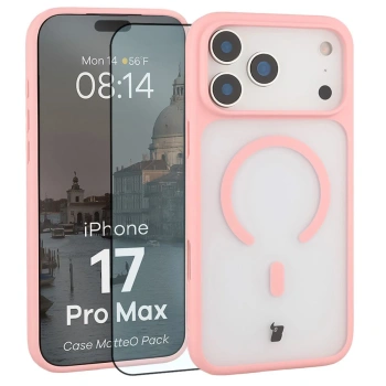 Etui z pierścieniem magnetycznym + szkło hartowane Bizon MatteO Pack do iPhone 17 Pro Max, przydymione-jasnoróżowe