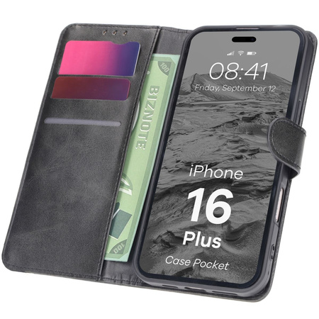 Etui z klapką Bizon Case Pocket do iPhone 16 Plus, czarne