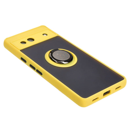 Etui z uchwytem na palec Bizon Case Hybrid Ring do Google Pixel 7A, przydymione z żółtą ramką