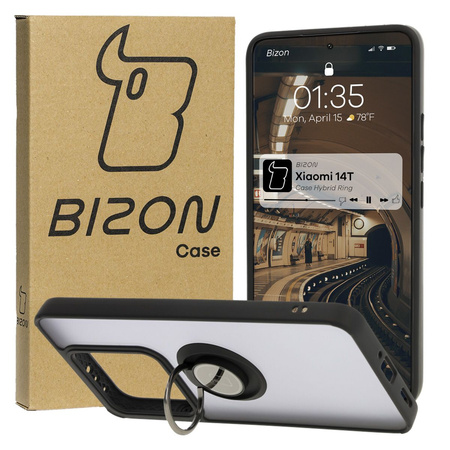 Etui z uchwytem na palec Bizon Case Hybrid Ring do Xiaomi 14T, przydymione z czarną ramką