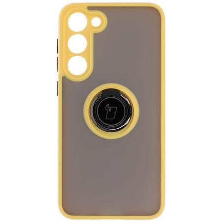 Etui z uchwytem na palec Bizon Case Hybrid Ring do Galaxy S23 Plus, przydymione z żółtą ramką