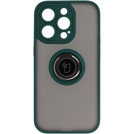 Etui z uchwytem na palec Bizon Case Hybrid Ring do iPhone 14 Pro, przydymione z ciemnozieloną ramką