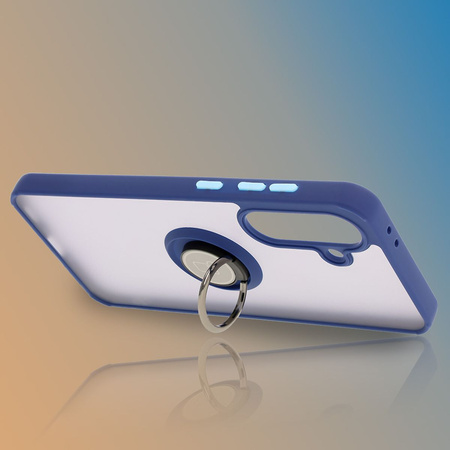 Etui z uchwytem na palec Bizon Case Hybrid Ring do Galaxy A36 5G / A56 5G, przydymione z granatową ramką