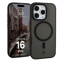 Etui z pierścieniem magnetycznym Bizon Case MatteO do iPhone 16 Pro, półprzezroczyste z czarną ramką