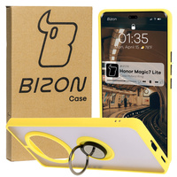 Etui z uchwytem na palec Bizon Case Hybrid Ring do Honor Magic7 Lite, przydymione z żółtą ramką