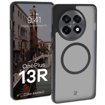Etui z pierścieniem magnetycznym Bizon Case MatteO do OnePlus 13R, półprzezroczyste z czarną ramką