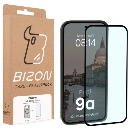 Etui z pierścieniem magnetycznym + szkło hartowane Bizon MatteO Pack do Google Pixel 9a, przydymione-czarne