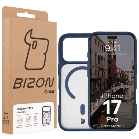 Etui z pierścieniem magnetycznym Bizon Case MatteO do iPhone 17 Pro, przydymione-granatowe