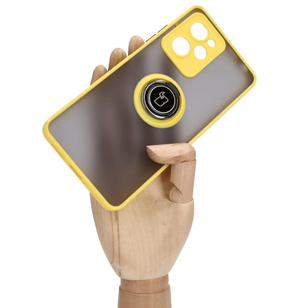 Etui z uchwytem na palec Bizon Case Hybrid Ring do Xiaomi Poco X5 Pro, przydymione z żółtą ramką