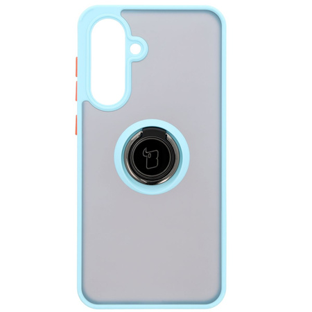 Etui z uchwytem na palec Bizon Case Hybrid Ring do Galaxy A56 5G, przydymione z jasnoniebieską ramką