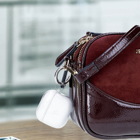 Elastyczne etui z karabińczykiem Bizon Case Headphone Clear do AirPods 4 przezroczysto-brokatowe
