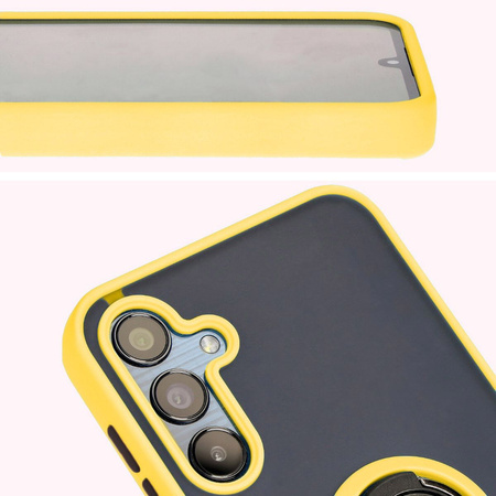 Etui z uchwytem na palec Bizon Case Hybrid Ring do Galaxy M15 5G, przydymione z żółtą ramką
