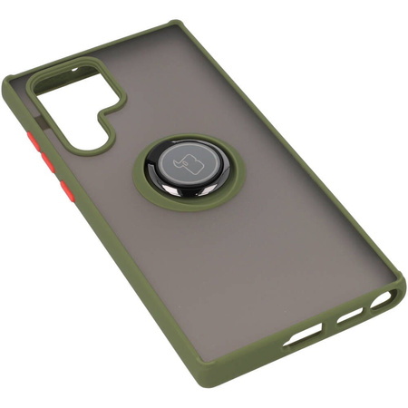Etui z uchwytem na palec Bizon Case Hybrid Ring do Galaxy S22 Ultra, przydymione z zieloną ramką