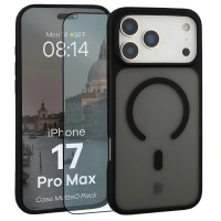 Etui z pierścieniem magnetycznym + szkło hartowane Bizon MatteO Pack do iPhone 17 Pro Max, przydymione-czarne