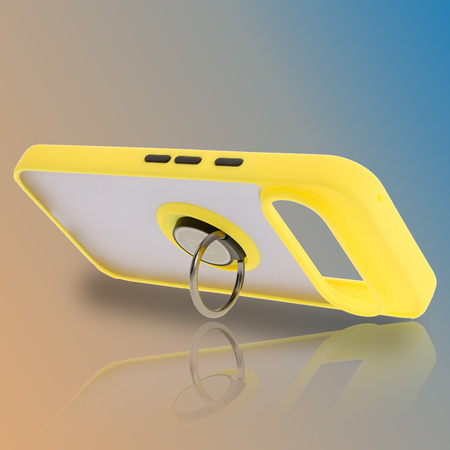 Etui z uchwytem na palec Bizon Case Hybrid Ring do Google Pixel 9 / 9 Pro, przydymione z żółtą ramką