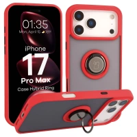 Etui z uchwytem na palec Bizon Case Hybrid Ring do iPhone 17 Pro Max, przydymione z czerwoną ramką