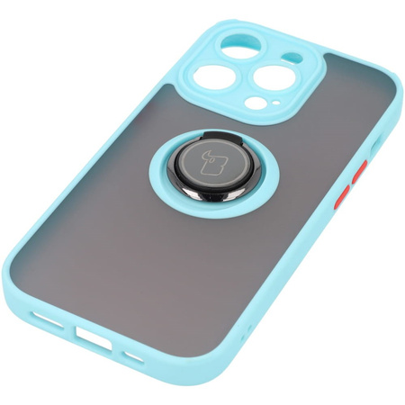 Etui z uchwytem na palec Bizon Case Hybrid Ring do iPhone 14 Pro, przydymione z jasnoniebieską ramką