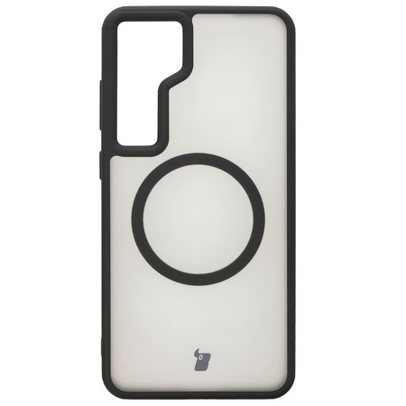 Etui z pierścieniem magnetycznym Bizon Case MatteO do Galaxy S24 Plus, półprzezroczyste z czarną ramką