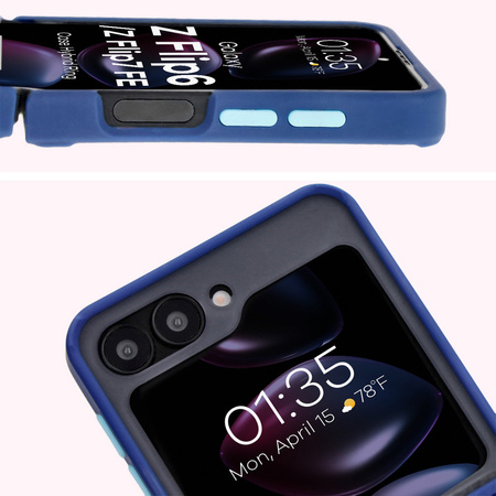 Etui z uchwytem na palec Bizon Case Hybrid Ring do Galaxy Z Flip7 FE / Z Flip6, przydymione z granatową ramką