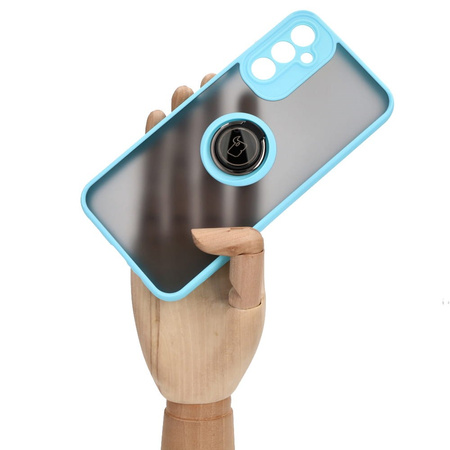 Etui z uchwytem na palec Bizon Case Hybrid Ring do Galaxy A14 4G / 5G, przydymione z jasnoniebieską ramką