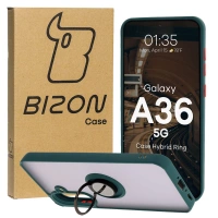 Etui z uchwytem na palec Bizon Case Hybrid Ring do Galaxy A36 5G, przydymione z ciemnozieloną ramką