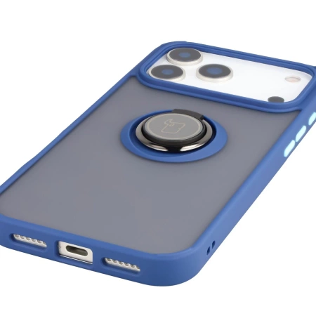 Etui z uchwytem na palec Bizon Case Hybrid Ring do iPhone 17 Pro Max, przydymione z granatową ramką