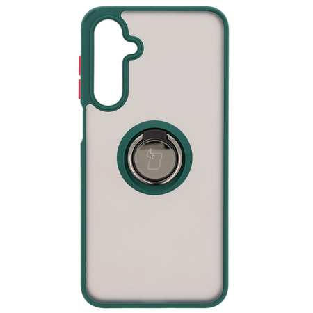 Etui z uchwytem na palec Bizon Case Hybrid Ring do Galaxy A16 4G/5G, przydymione z ciemnozieloną ramką