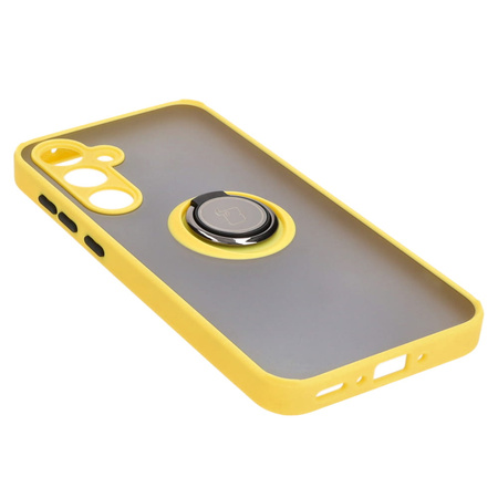 Etui z uchwytem na palec Bizon Case Hybrid Ring do Galaxy A35 5G, przydymione z żółtą ramką
