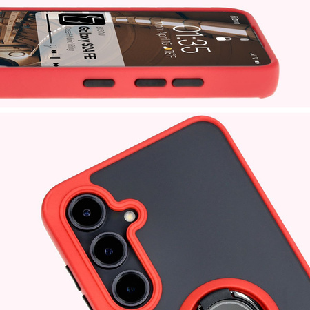 Etui z uchwytem na palec Bizon Case Hybrid Ring do Galaxy S24 FE, przydymione z czerwoną ramką