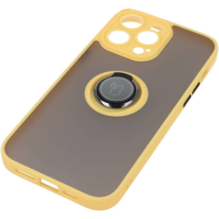 Etui z uchwytem na palec Bizon Case Hybrid Ring do iPhone 14 Pro Max, przydymione z żółtą ramką