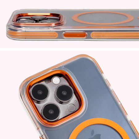 Etui z pierścieniem magnetycznym Bizon Case Marco do iPhone 15 Pro, przezroczyste z pomarańczową ramką