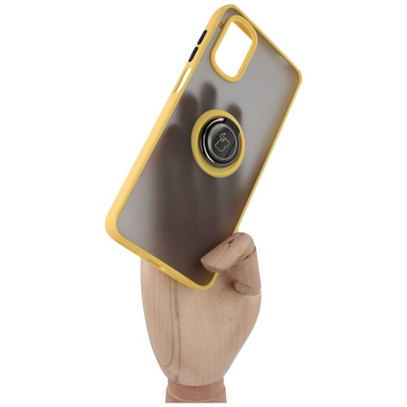 Etui z uchwytem na palec Bizon Case Hybrid Ring do Motorola Moto G22 / E32 / E32s, przydymione z żółtą ramką