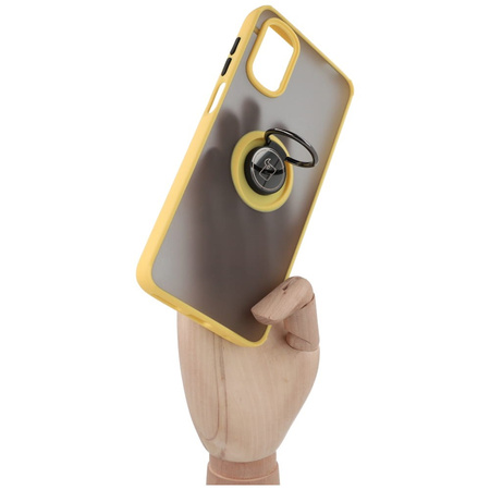 Etui z uchwytem na palec Bizon Case Hybrid Ring do Motorola Moto G22 / E32 / E32s, przydymione z żółtą ramką