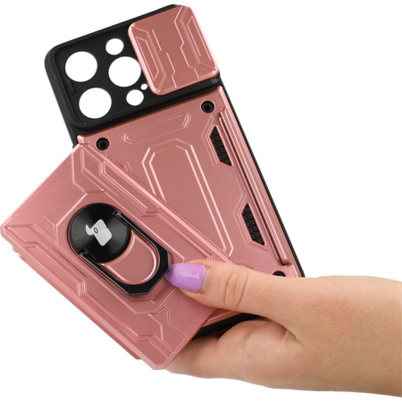 Etui Bizon Case Camshield Card Slot Ring do iPhone 14 Pro, jasnoróżowe