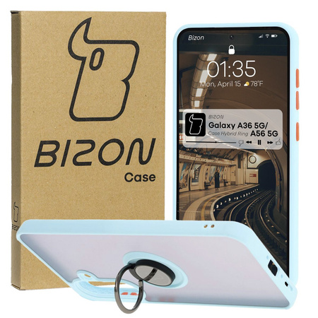 Etui z uchwytem na palec Bizon Case Hybrid Ring do Galaxy A36 5G / A56 5G, przydymione z jasnoniebieską ramką