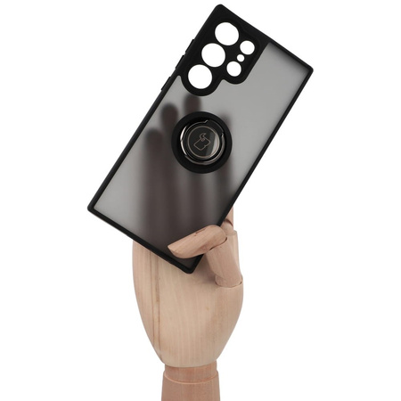 Etui z uchwytem na palec Bizon Case Hybrid Ring do Galaxy S23 Ultra, przydymione z czarną ramką