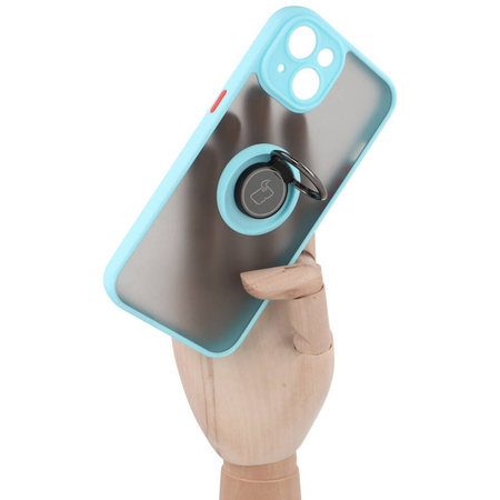 Etui z uchwytem na palec Bizon Case Hybrid Ring do iPhone 14, przydymione z jasnoniebieską ramką