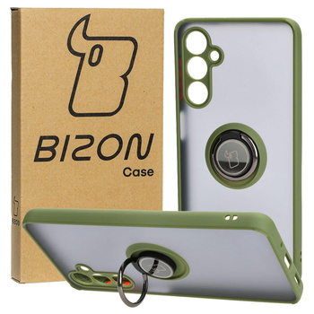 Etui z uchwytem na palec Bizon Case Hybrid Ring do Galaxy M54 5G, przydymione z zieloną ramką