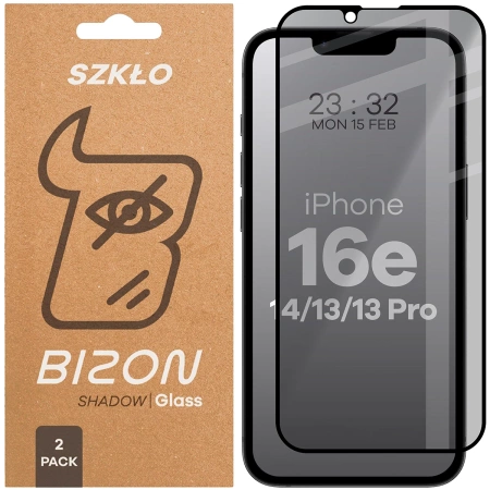 Prywatyzujące szkło hartowane Bizon Glass Edge Shadow Duo do iPhone 16e / 14 / 13 Pro / 13, przyciemniane z czarną ramką, 2 sztuki