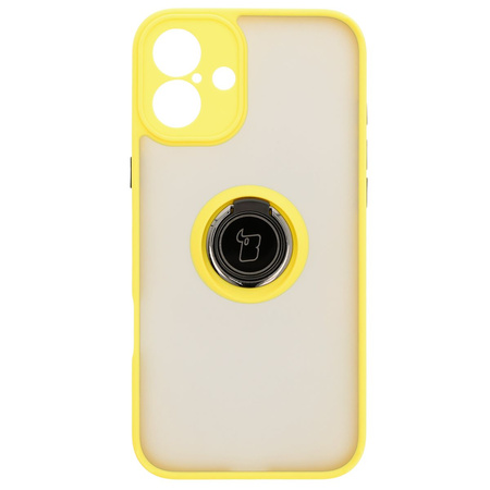 Etui z uchwytem na palec Bizon Case Hybrid Ring do iPhone 16 Plus, przydymione z żółtą ramką