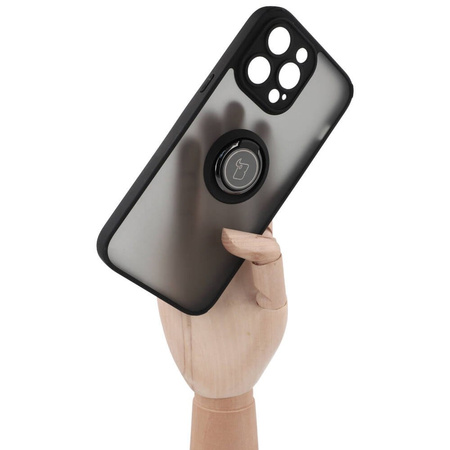 Etui z uchwytem na palec Bizon Case Hybrid Ring do iPhone 14 Pro Max, przydymione z czarną ramką