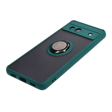 Etui z uchwytem na palec Bizon Case Hybrid Ring do Google Pixel 7A, przydymione z ciemnozieloną ramką