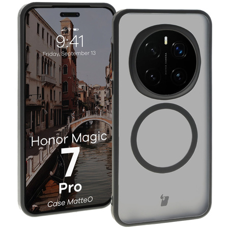 Etui z pierścieniem magnetycznym Bizon Case MatteO do Honor Magic7 Pro, półprzezroczyste z czarną ramką