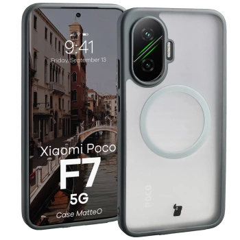 Etui z pierścieniem magnetycznym Bizon Case MatteO do Xiaomi POCO F7, przydymione-szare