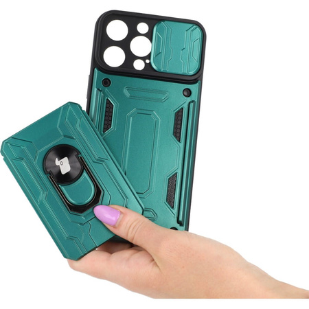 Etui Bizon Case Camshield Card Slot Ring do iPhone 14 Pro Max, zielone
