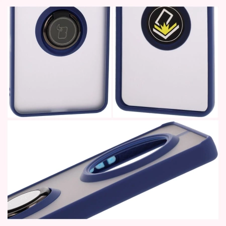 Etui z uchwytem na palec Bizon Case Hybrid Ring do Realme 14 Pro 5G, przydymione z granatową ramką
