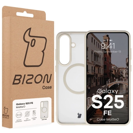 Etui z pierścieniem magnetycznym Bizon Case MatteO do Galaxy S25 FE, przydymione-beżowe