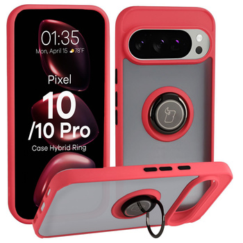 Etui z uchwytem na palec Bizon Case Hybrid Ring do Google Pixel 10 / 10 Pro, przydymione z czerwoną ramką